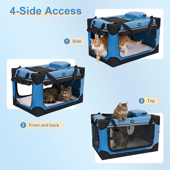 Ownpets Extra Large Cat Carrier for 2 Cats Small Dogs, 24 Inches Collapsible Soft Dog Crate for Car Travel, Portable Pet Carrier with Soft Mat, Blue