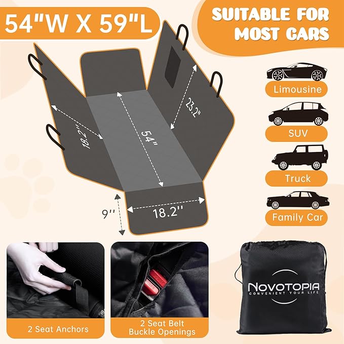 Dog Car Seat Cover for Back Seat 100% Waterproof, Long-Lasting and Soft Nonslip Backseat Cover for Cars, SUVs and Trucks, 600D Oxford Fabric, Black-Orange, Standard (54" W x 59" L)