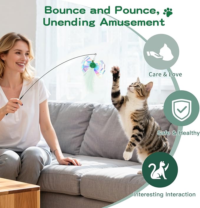 Pawaboo Feather Teaser Cat Toy, Interactive Feather Wand Cats Toy Flying Feathers Cat Catcher with Extra Long 34.5" Wand and Small Bell, Exerciser Playing Toys for Kitten or Cats, Green Butterfly