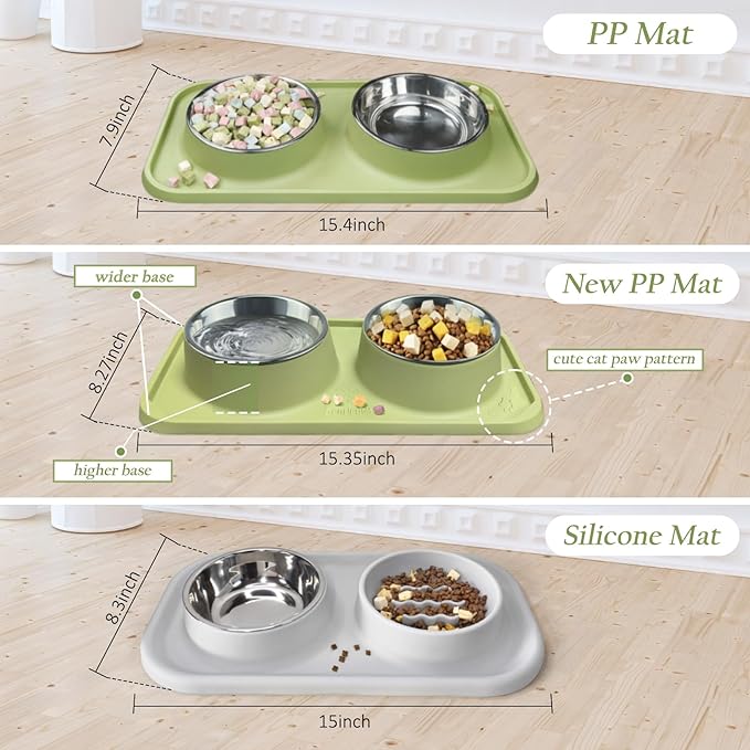 Waterproof Silicone Cat Food Bowls, Stainless Steel & Silicone Slow Feeder Double Bowls, Non-Skid & Non-Spill Raised Edge, Food and Water Feeder for Cat and Puppy