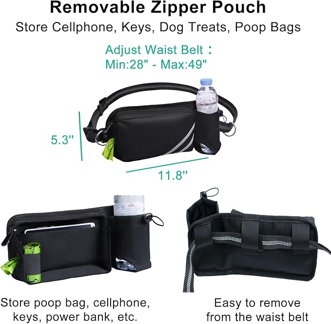 Hands Free Dog Leash with Pouch, Waist Leash for Dog Walking with Water Bottle Holder, Reflective Stitching, Dual Handle, Bungee Retractable Running Medium to Large Black 25-120 lbs