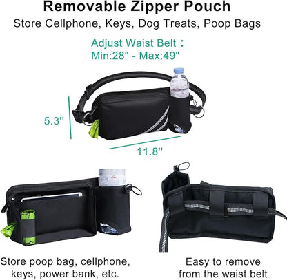 Hands Free Dog Leash with Pouch, Waist Leash for Dog Walking with Water Bottle Holder, Reflective Stitching, Dual Handle, Bungee Retractable Running Medium to Large Black 25-120 lbs