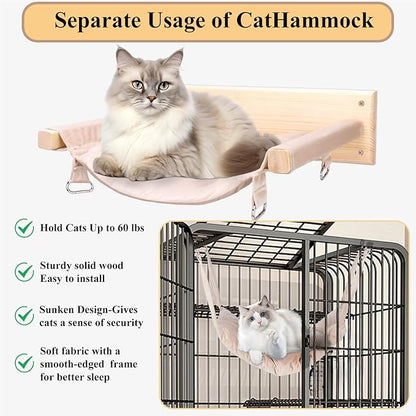 JSPYFITS Wooden Cat Wall Hammock, 18.9 x 12.6 Inch Double Layer Cat Furniture Hammock, Large Removable Multi-Function Cats Bed for Sleep/Play/Climb/Lounge Easy DIY Installation(Beige)