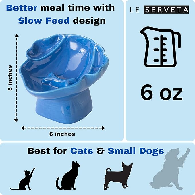 Ceramic Raised Pet Slow Feeder Bowl, Elevated Cat and Dog Slow Feeder, Decorative Standing Doggy Design, Anti-Slip Base, Anti-Vomiting (Blue)