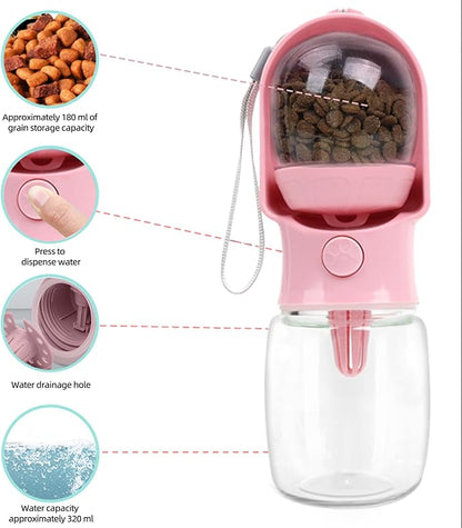 Dog Water Bottle with Food Container, Portable Pet Dispenser with Lock and Cleaning Brush,Dogs Stuff Water Bottle for Hiking,Travel (Pink)
