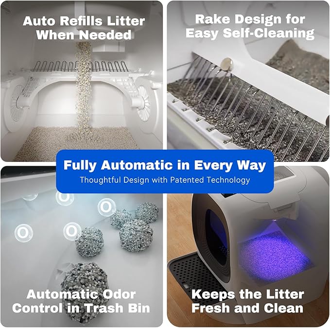 Self-Cleaning Litter Box 80L Auto Refill Self-Refilling Robot Automatic for Multiple Cats(3-20lb), Rake Design ScoopFree, 6 x Safety Sensors, Anti-Leakage, Odor Control, 5G WiFi App