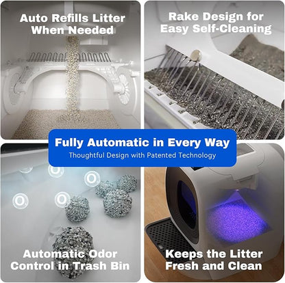 Self-Cleaning Litter Box 80L Auto Refill Self-Refilling Robot Automatic for Multiple Cats(3-20lb), Rake Design ScoopFree, 6 x Safety Sensors, Anti-Leakage, Odor Control, 5G WiFi App