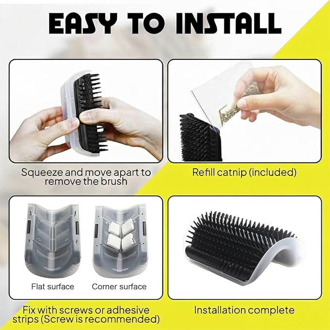 Cat Self Groomer – Wall Corner Grooming Brushes for Cats and Small Pets – Soft Silicone Massage Brush for Shedding Control and Face Rubbing (Black)