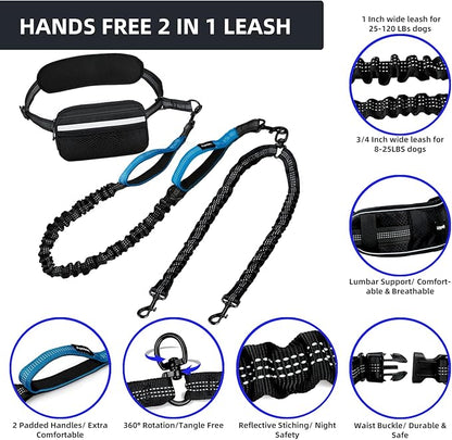 Hands Free 2 Dog Running Leash with Waist Belt, Dual Handle Elastic Bungees Retractable Rope for Small and Medium Dogs, Reflective Stitches for Walking Hiking Biking (Small Blue, 8-25lb)