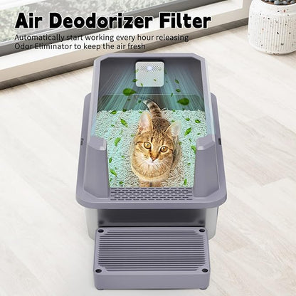 RIZZARI Stainless Steel Litter Box for Cats: Gray Leakproof Open Top Tray - Teflon Non-Stick Coating - Large Size Odor Control for Cats Under 20 lbs - with Deodorizer - 2 Pack