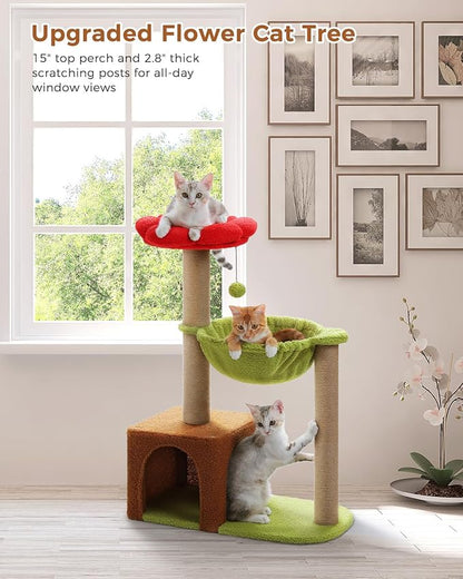 Flower Cat Tree with Sisal Scratching Posts, 35" Cute Cat Tower with Large Green Hammock for Small Indoor Cats, Cat Condo with Removable Flower Bed for Kittens, Brown