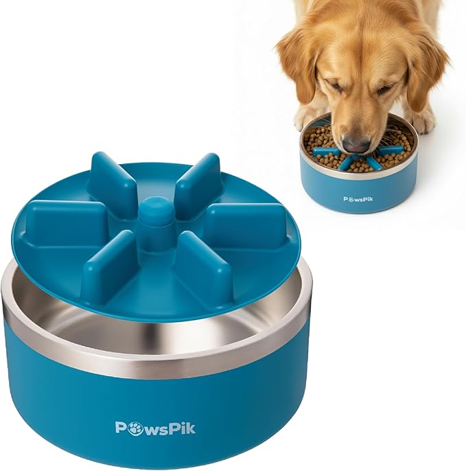 PawsPik 64oz 18/8 Stainless Steel Slow Feeder Dog Bowl, Double-Wall Non-Slip Metal Dog Bowl for Fast Eating Medium & Large Breeds, Detachable Slow Feeder Insert, Dishwasher Safe (Midnight Summit Blue)