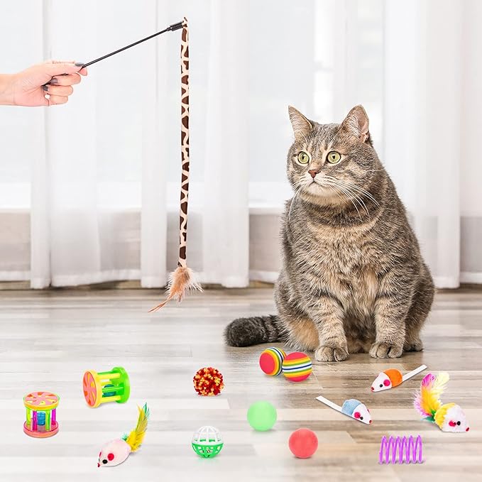 Retro Shaw Cat Toys Pack 33Pcs, Interactive Kitten Toys for Indoor Cats Kitty with Collapsible Play Tunnel Tent, Feather Teaser Wand Bell Balls Springs Mouse Toys for Boredom Relief & Exercise