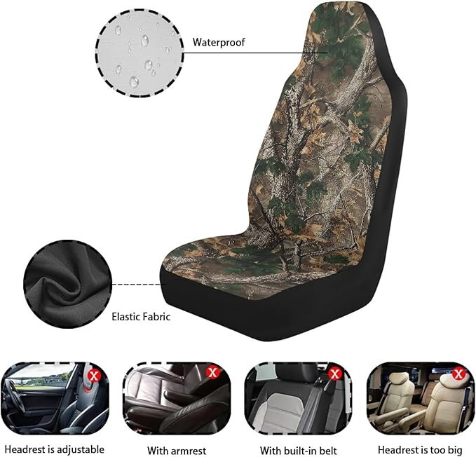 Camo Hunting Forest Car Seat Covers for Truck Sedan SUV Waterproof Elastic Polyester Automotive Front Seat Covers 2 Pcs Set for SUV, Van, Sedan, Truck