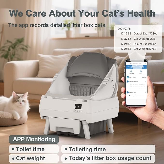 Automatic Cat Litter Box Self Cleaning - App Control, Open-Design, Smart Health Monitor, Suitable for Medium Cats and Kittens, Anti-Pinch Safety, Quiet Operation - White