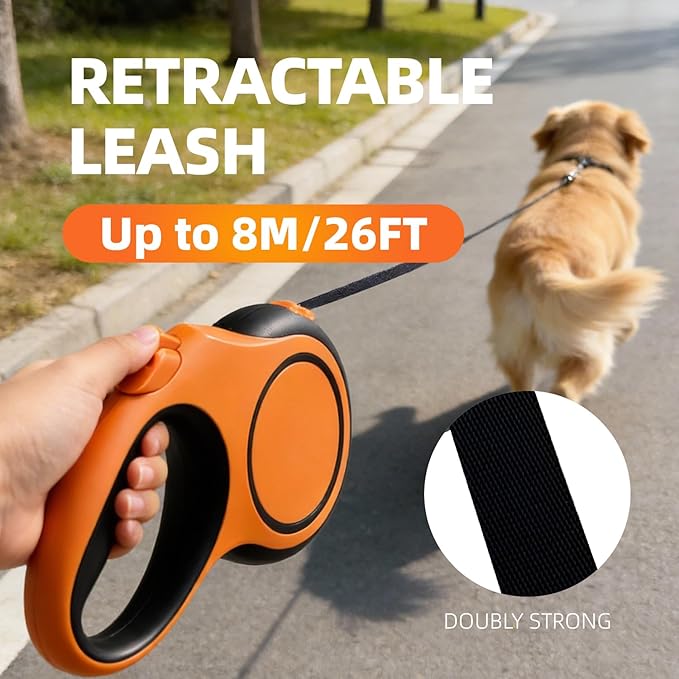 26Ft Retractable Dog Leash, Heavy Duty Great Leash for Dog up to 110 lbs, Anti-Slip Rubberized Handle, One-Handed Brake, Strong Nylon Tape, Tangle Free(Large，Orange&Black).
