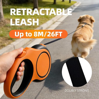 26Ft Retractable Dog Leash, Heavy Duty Great Leash for Dog up to 110 lbs, Anti-Slip Rubberized Handle, One-Handed Brake, Strong Nylon Tape, Tangle Free(Large，Orange&Black).