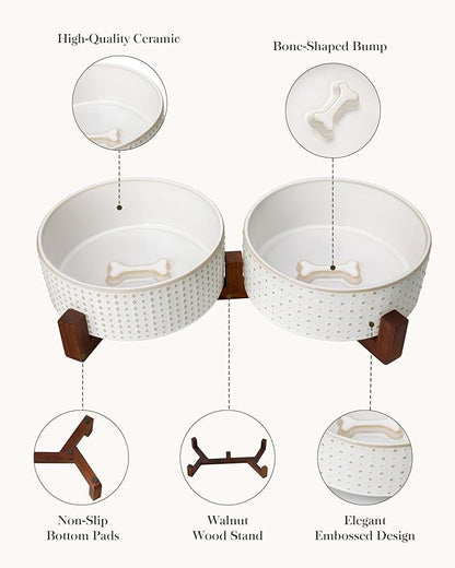 MALACASA Dog Bowl Set with Walnut Wood Stand, 6 Cups Ceramic Pet Bowls for Puppy Dogs, Dual Food and Water Bowls with Weighted Non-Slip Base, Basic Bowls for Your Dog, Rhombic & Polka Dots