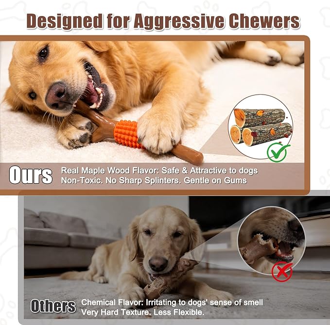 SCHITEC Dog Chew Toy for Aggressive Chewers, Tough Big Nylon & Rubber Teething Stick with Real Maple Wood Flavor for Large Medium Breed