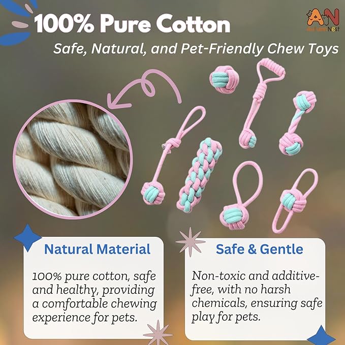 7PCS Woven Pet Rope Toys Set, Pink & Blue, Durable Cotton Pet Chew Toys for Dogs, Cats & Pets, Interactive Play & Teething Relief, Chew Toys for Pets