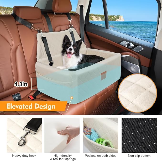 NEEZUKAR Dog Car Seat for Large Medium Dogs,Washable Pet Carseat Under 55 lbs or 2 Small Dogs,Dog Booster Seat Travel Bed with Thick Cushion,2 Safety Leashes