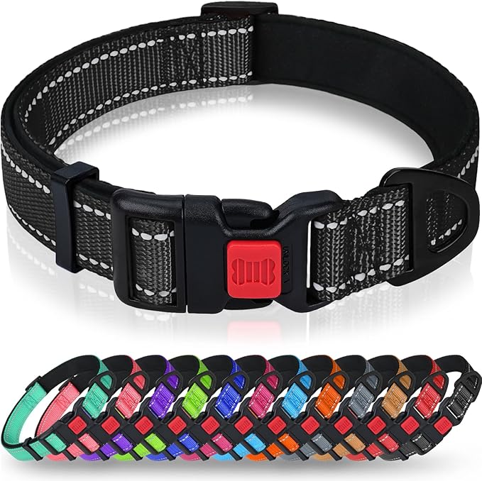 Taglory Reflective Dog Collar with Safety Locking Buckle, Soft Neoprene Padded Dog Collar for Large Dogs, Metal D-Ring, Adjustable Nylon Neck Strap for Daily Walking, Training & Running, Black, L