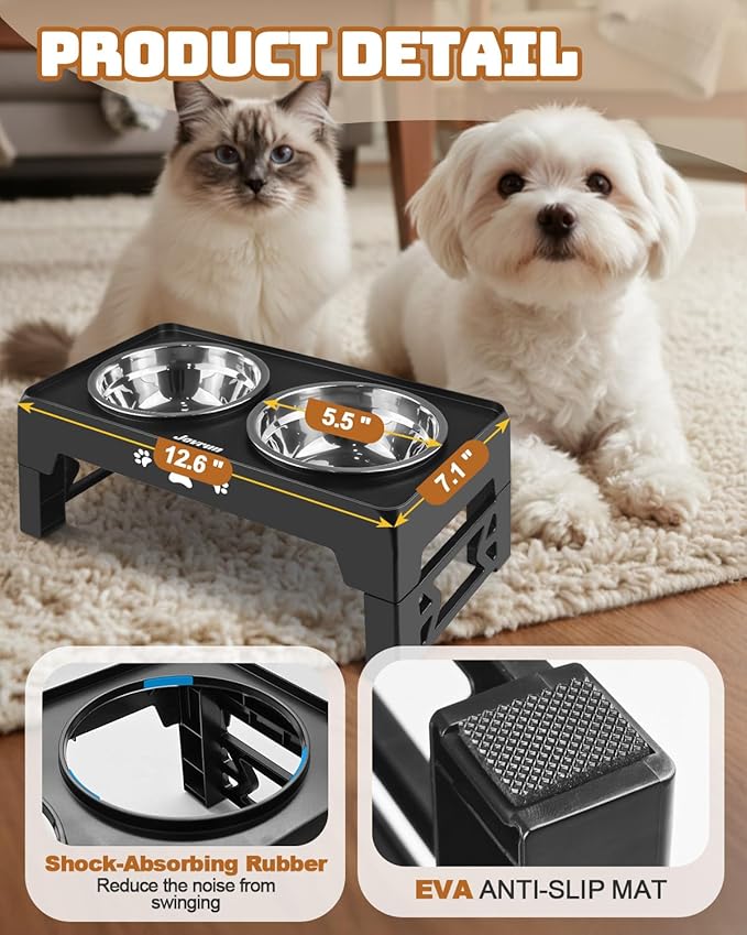 Elevated Dog Bowls for Small Dogs and Cats, Non-Slip Cat Bowls with 2 Thick 5.5" Stainless Steel Dishes, Dog Feeder 2 Heights Adjustable to 2.6"-5.3"