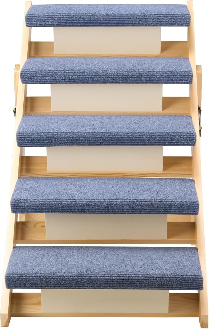 VEVOR Wood Pet Stairs, 5-Step Dog Stairs for Beds, Sofa & Cars, 150lbs Load Capacity, Floded Flat Design, Stable & Sturdy Cat & Dog Step Ladder for Small Medium Large Older Pet Puppy Essentials