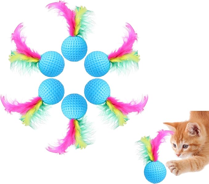Balacoo 24 Pack Cat Golf Ball Toys with Feather: Interactive Cat Bouncy Balls - Squeaky Kitten Chase Pounce Toys for Exercise Entertainment (Random Color)