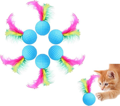 Balacoo 24 Pack Cat Golf Ball Toys with Feather: Interactive Cat Bouncy Balls - Squeaky Kitten Chase Pounce Toys for Exercise Entertainment (Random Color)