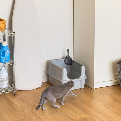 IRIS USA Large Open Top Cat Litter Box with High Sided Walls Tall Scatter Shield Scoop Included Easy Clean Plastic Pan Stain Resistant for Big Cats Kittens Indoor Multi-Cat Households