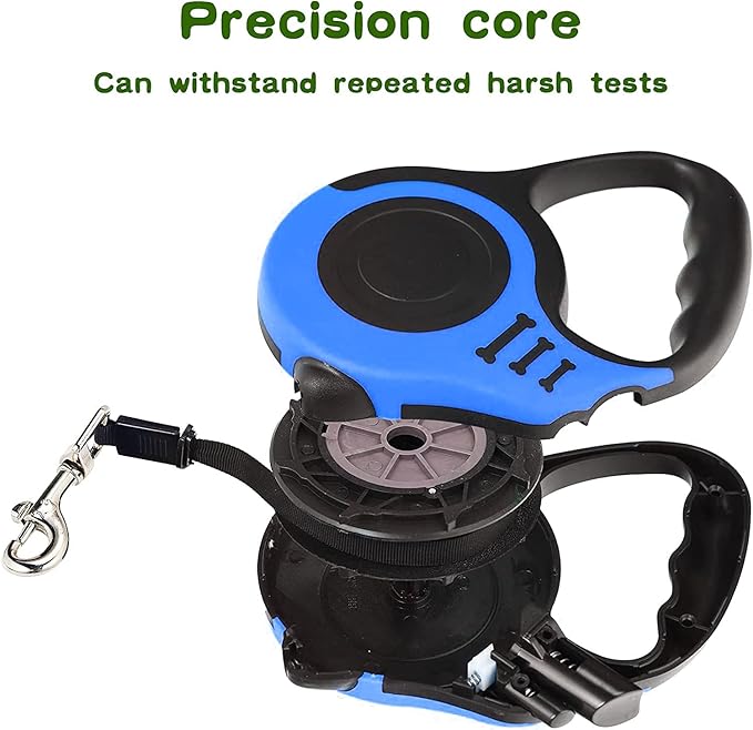 Heavy Duty Retractable Dog Leash - 16FT Blue, Tangle-Free Nylon Tape, Anti-Slip Handle, with Waste Bag Dispenser for Small Dog or Cat up to 26 lbs
