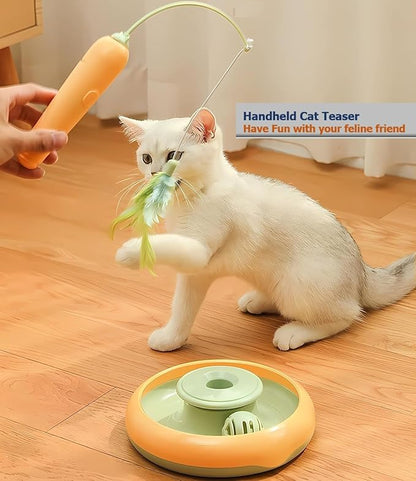 Interactive Cat Toys for Bored Indoor Cats, Automatic Cat Toy 3-in-1 Smart Teaser Wand Featuring Spinning Feather&Rolling Ball Track,Cats Dancer Toy Stimulates Hunting Instincts,Weight Control，Yellow