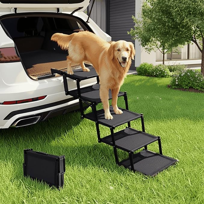 Oiilores Foldable Dog Stairs for Large Dogs - Extra Wide Pet Ramp for Cars, SUV, Truck, Non-Slip Surface, Supports Up to 250 Lbs, 5 Steps