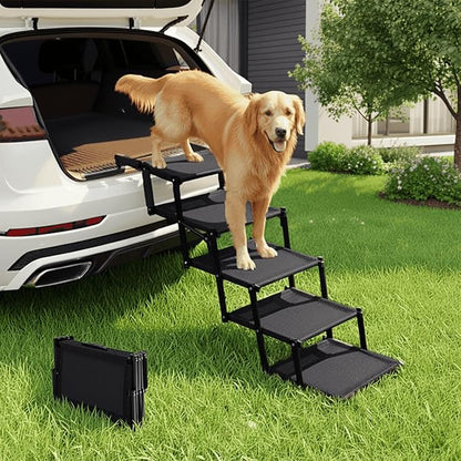 Oiilores Foldable Dog Stairs for Large Dogs - Extra Wide Pet Ramp for Cars, SUV, Truck, Non-Slip Surface, Supports Up to 250 Lbs, 5 Steps