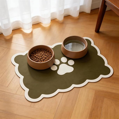 Absorbent Pet Food Mat, Scalloped Edge Dog Cat Bowl Mat with Rubber Backing, Quick-Dry Leather Feeding Mat for Messy Drinkers, 16" x 24", Sage Green