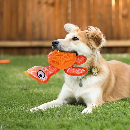 Squeaky Turtle Dog Toy, Treat Dispensing Rubber Ball, Bite Resistant Plush Chew Toy, Interactive Tug & Fetch Enrichment Toy for Medium & Small Breeds, Safe & Engaging for Puppies (Orange)