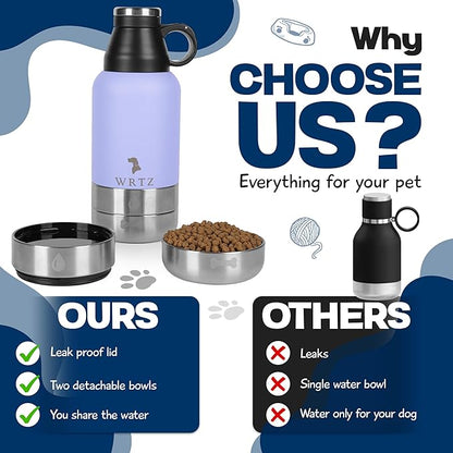 Portable Dog Water Bottle with 2 Removable Water Bowls for Dogs – Leak-Proof Insulated Stainless Steel Dog Water Bottle – Travel Accessories for Dogs - 32oz - Lavender
