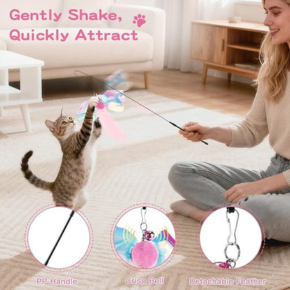 Pawaboo Feather Teaser Cat Toy, Interactive Feather Wand Cats Toy Flying Feathers Cat Catcher with Extra Long 34.5" Wand and Small Bell, Exerciser Playing Toys for Kitten or Cats, Pink Butterfly