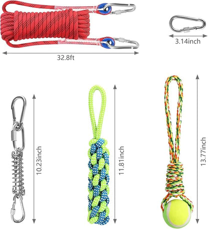 Yummy Sam Dog Ropes Toy,16.8 ft Rope & Spring Pole Pole Kit & 2 Chew Toys, Outdoor Hanging Retractable Exercise Interactive Pull Tug Muscle Builder for Medium Large Dogs (Red Green)