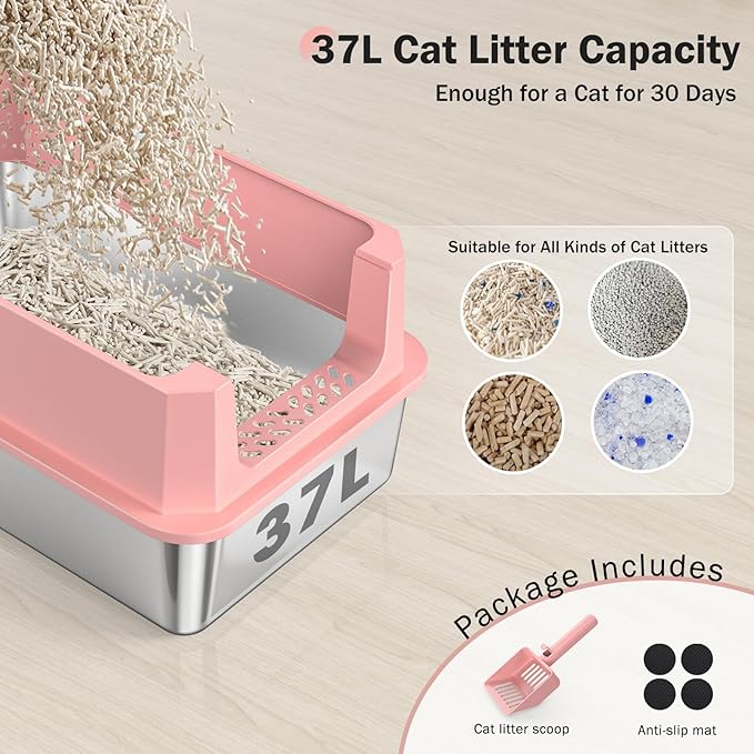 Stainless Steel Litter Box, Extra Large Litter Boxes for Big Cats, XLarge Metal Cat Litter Box with Lid, Anti-Urine Leakage XL Box with High Sides, Easy Clean, Non-Sticky, Scoop Included (Pink, XL)