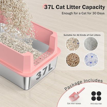 Stainless Steel Litter Box, Extra Large Litter Boxes for Big Cats, XLarge Metal Cat Litter Box with Lid, Anti-Urine Leakage XL Box with High Sides, Easy Clean, Non-Sticky, Scoop Included (Pink, XL)