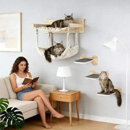 Wall Mounted Cat Double Hammock & 3 Steps, Pine Climbing Shelf & Perch Set, Multi-Function Wall-Mounted Cat Furniture for Sleep Play Climb, Easy DIY Installation