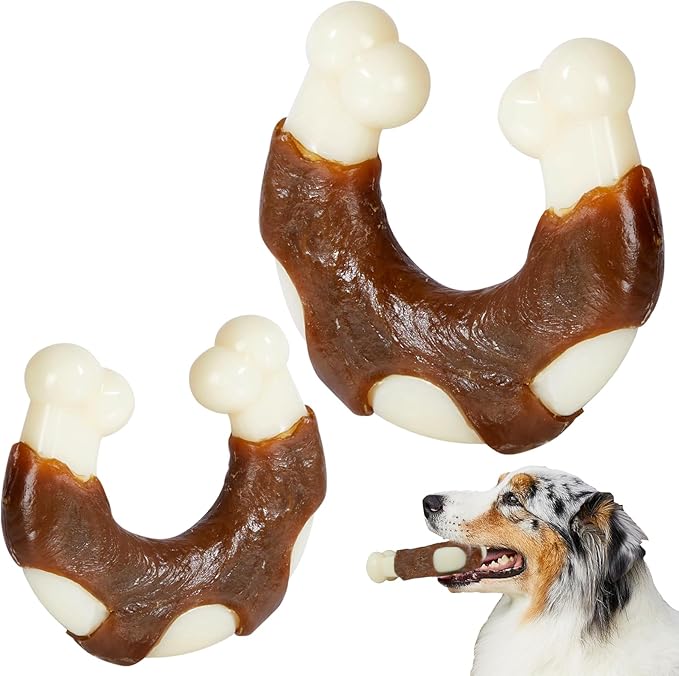 Dog Bones Chew Toys for Aggressive Chewers, 2 Pack Real Beef Flavor,Indestructible Dog Teething Chew Toys for Large/Medium/Small Breed,Tough Toy with Durable Nylon