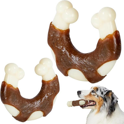 Dog Bones Chew Toys for Aggressive Chewers, 2 Pack Real Beef Flavor,Indestructible Dog Teething Chew Toys for Large/Medium/Small Breed,Tough Toy with Durable Nylon