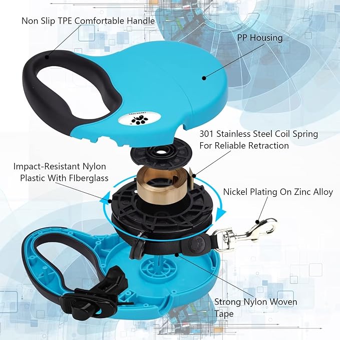 16 ft Retractable Dog Leash for Large Dogs up to 110 lbs,Tangle-Free Nylon Tape,Blue Dan L