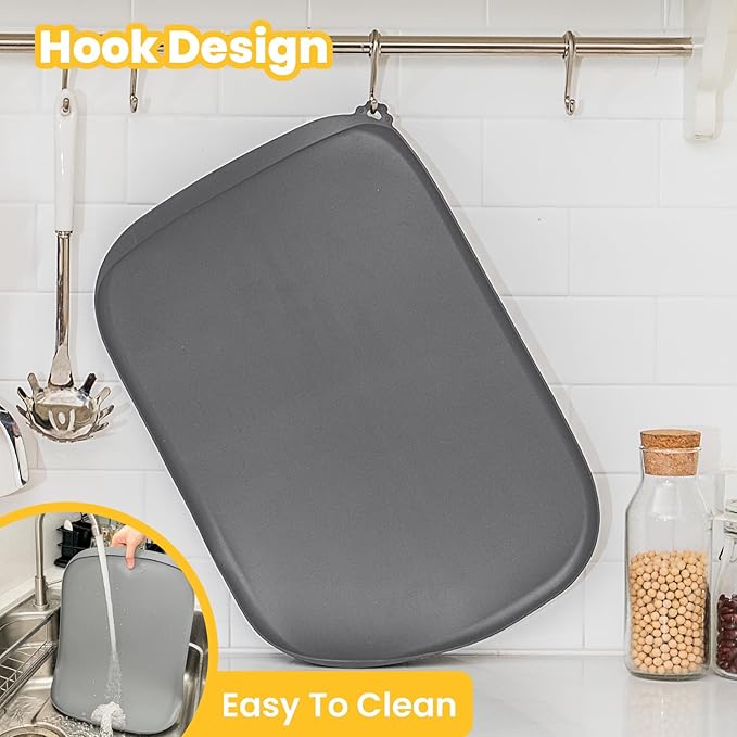 Silicone Dog Food Mat with Side Pocket & Hook Hole, Soft Raised Edges, Easy Clean Waterproof Non-Slip Pet Feeding Mat for Cats and Dogs Water Bowl, Pets Accessories(18"x12",Natural Tan)