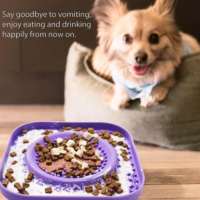 Dog Lick Bowl Mat Purple, Anxiety Relief Lick Mat for Pets, Silicone Slow Feeder Mat, Dishwasher Safe - Collapsible Dog Water Bowl