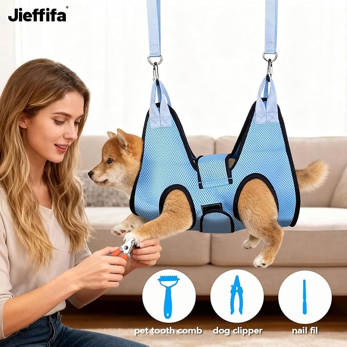 Dog Grooming Hammock, Cat/Small Dog Hammock for Nail Trim, Hanging Harness for Claw Care,Grooming Sling Holder Hanger with Thick Fabric Neck Support Wide Strap Restraint (Blue)