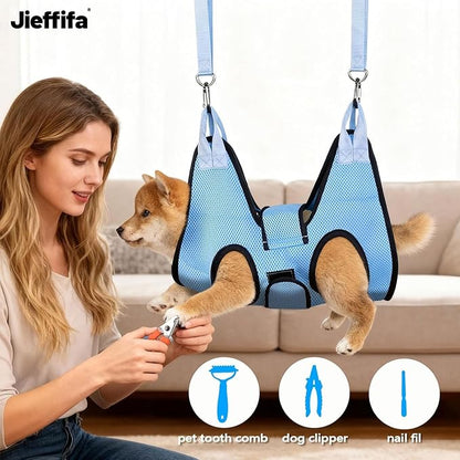 Dog Grooming Hammock, Cat/Small Dog Hammock for Nail Trim, Hanging Harness for Claw Care,Grooming Sling Holder Hanger with Thick Fabric Neck Support Wide Strap Restraint (Blue)